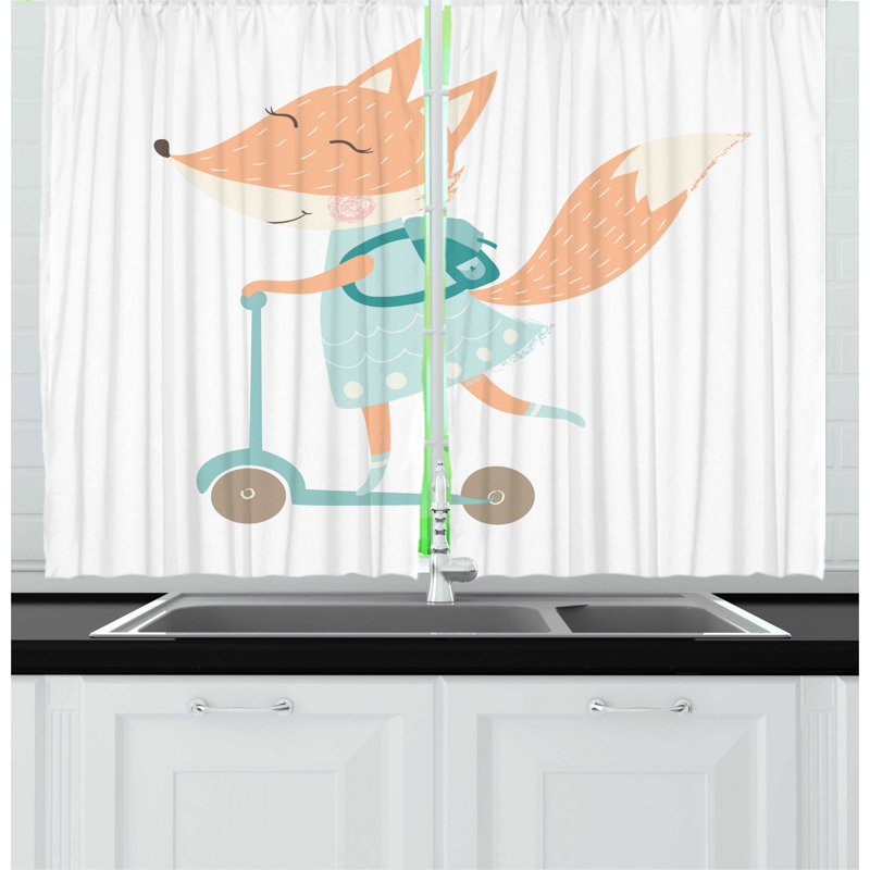 East Urban Home 2 Piece Fox Happy Nursery Animal With School Bag On A Scooter Kitchen Curtain Set Wayfair