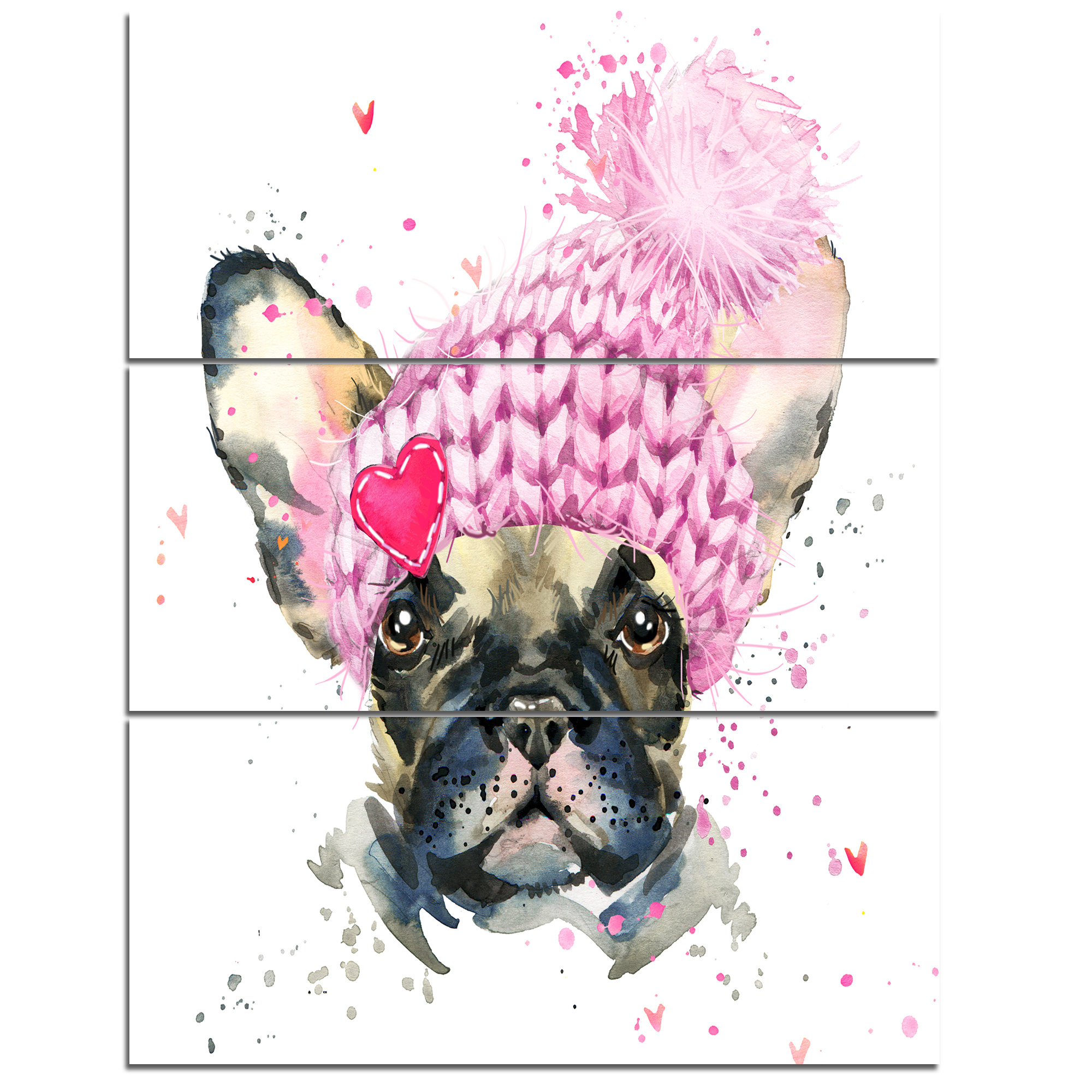 Designart French Bulldog With Pink Hat 3 Piece Wall Art On Wrapped Canvas Set Wayfair