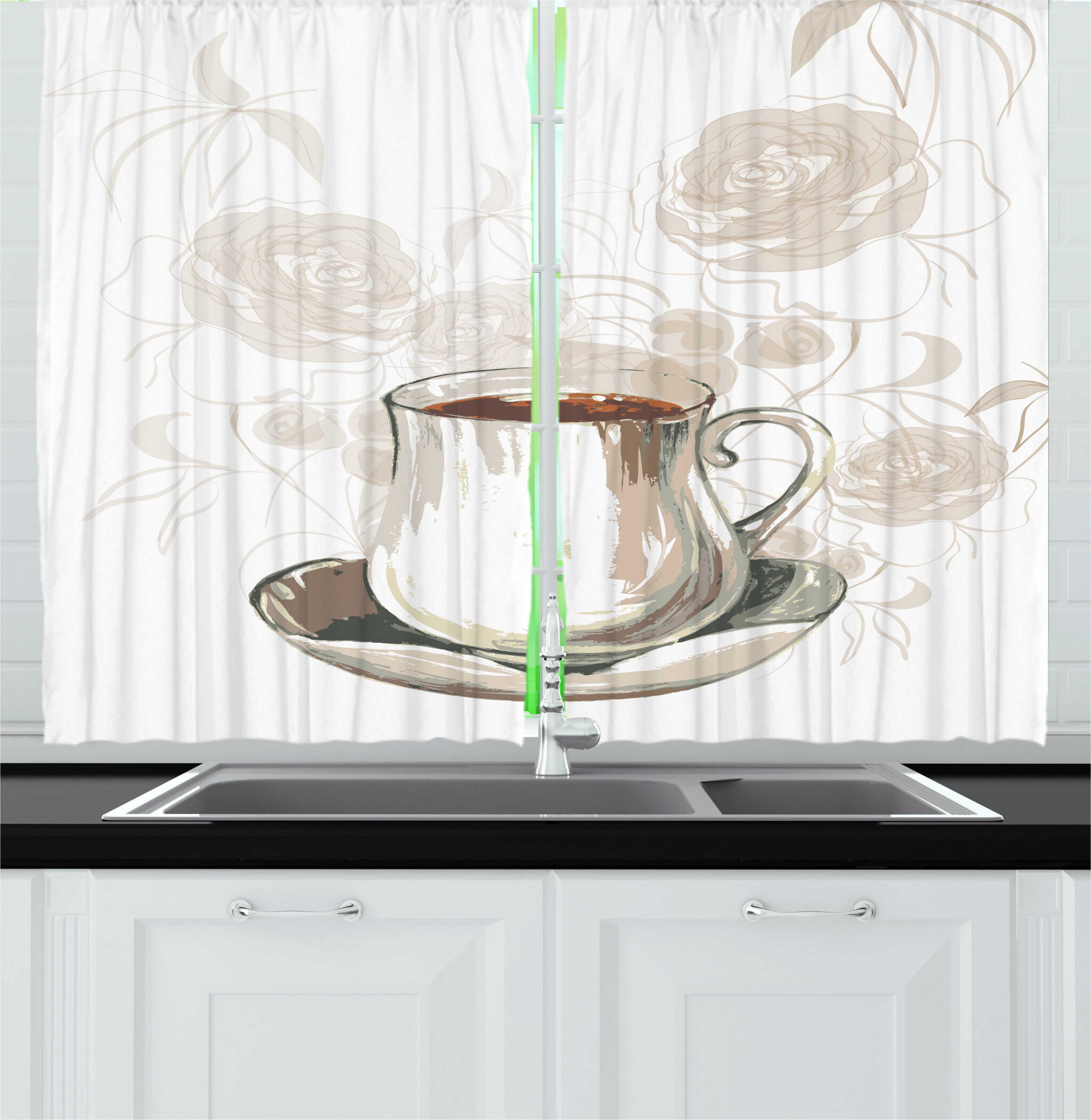 East Urban Home 2 Piece Espresso Hand Drawn Inspired Drawing Of A Coffee Cup And Romantic Roses In Mute Tones Kitchen Curtain Set Wayfair