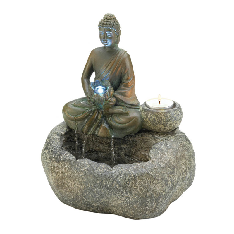 Asian Zen Buddha Indoor Tabletop Water Fountain with Light 17/" For Table Desk