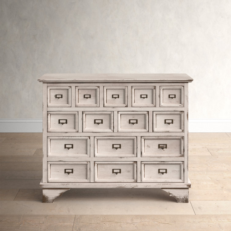 Antique White Distressed 15-Drawer Light Wood Apothecary Cabinet