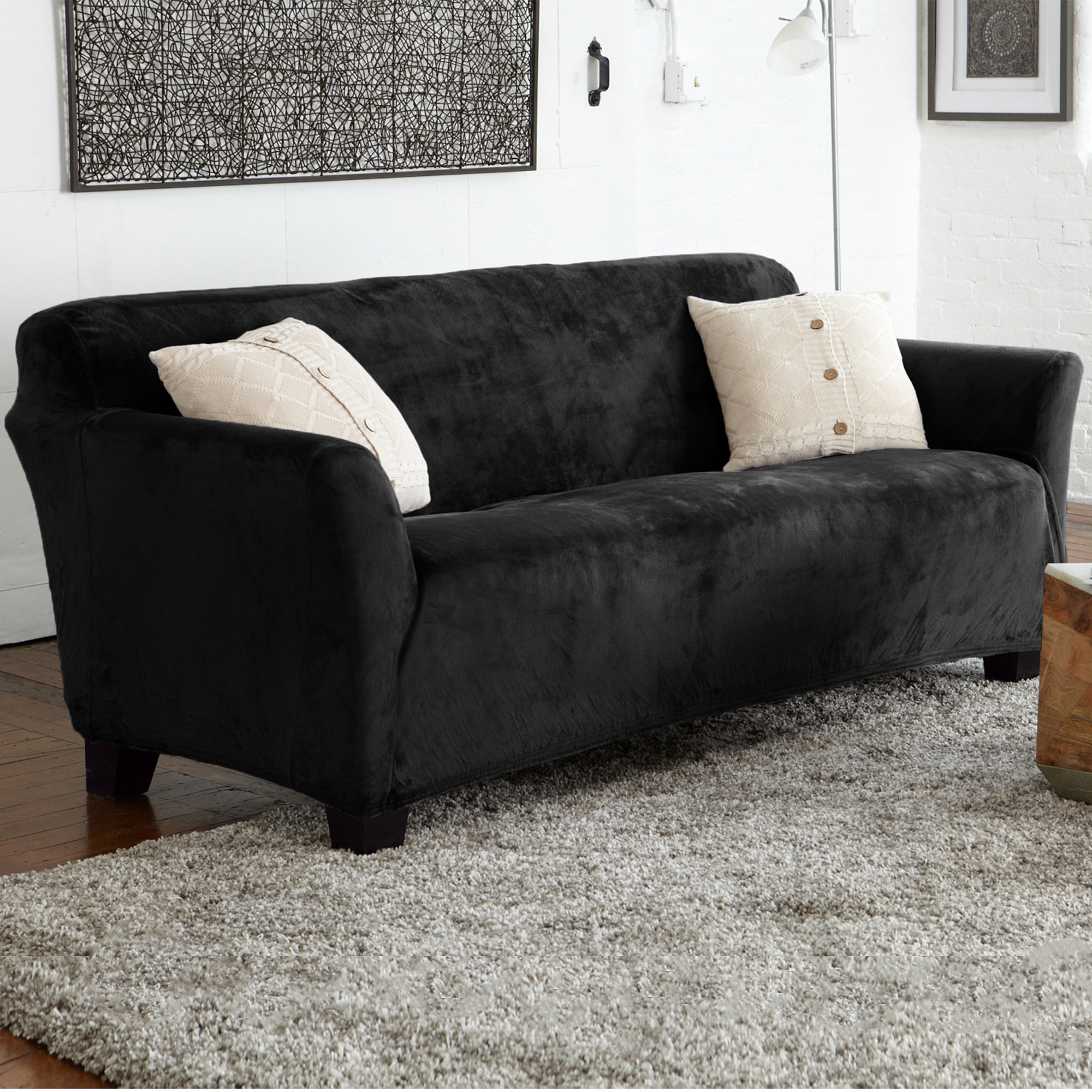 Winston Porter Velvet Plush Form Fit Stretch Box Cushion Sofa Winston Porter Velvet Plush Form Fit