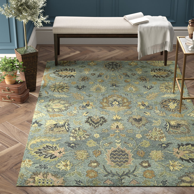 Charlton Home Casper Hand Tufted Wool Light Blue Floral Area Rug Reviews Wayfair