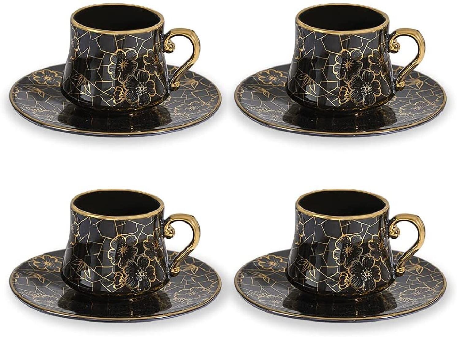 Saucers Porcelain Bone China Espresso Turkish Coffee Set of 6 Demitasse Cups Royal Flower Black