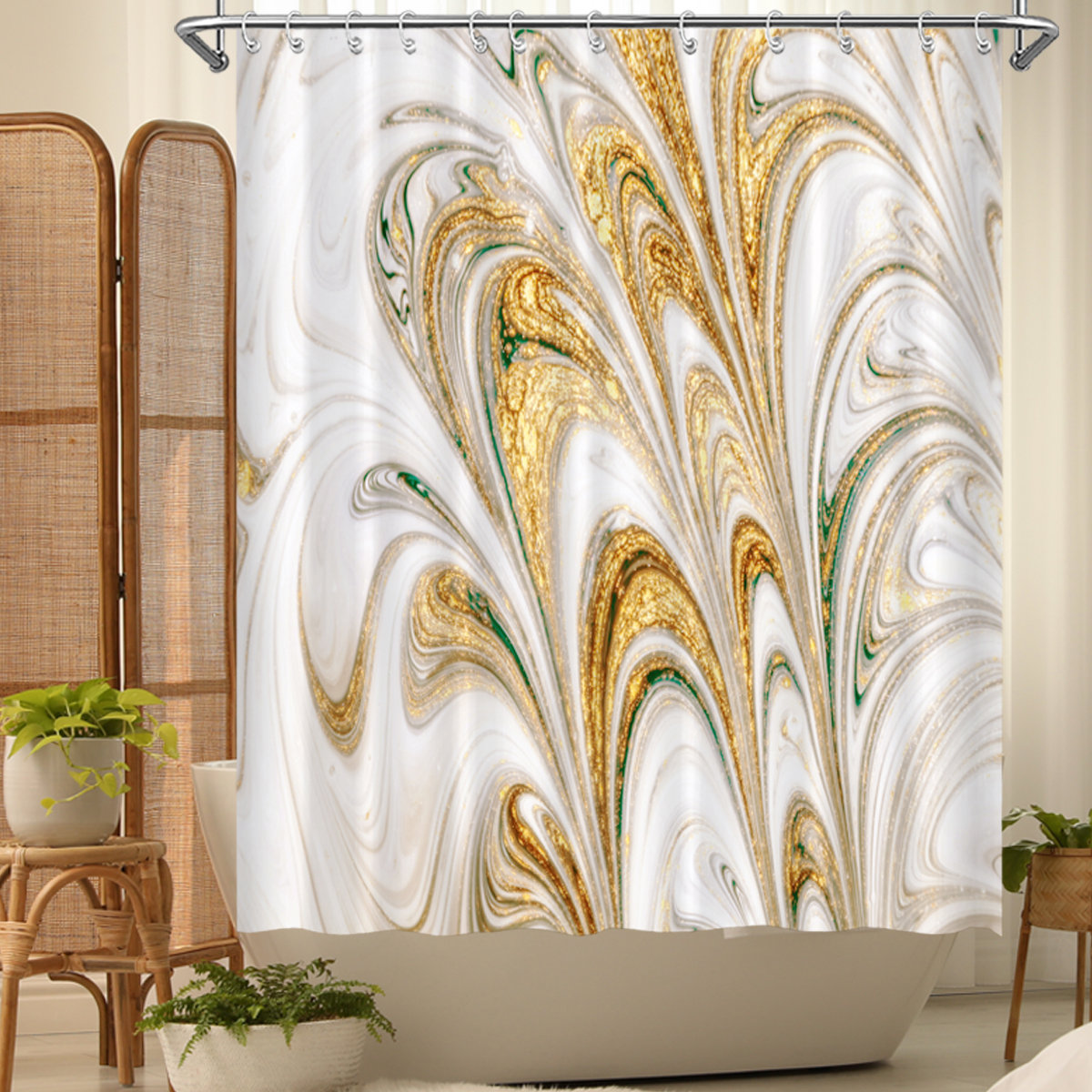 Gold Fish Beauty Bathroom Set Shower Curtain Polyester Fabric Decor Bath Mat Rug 