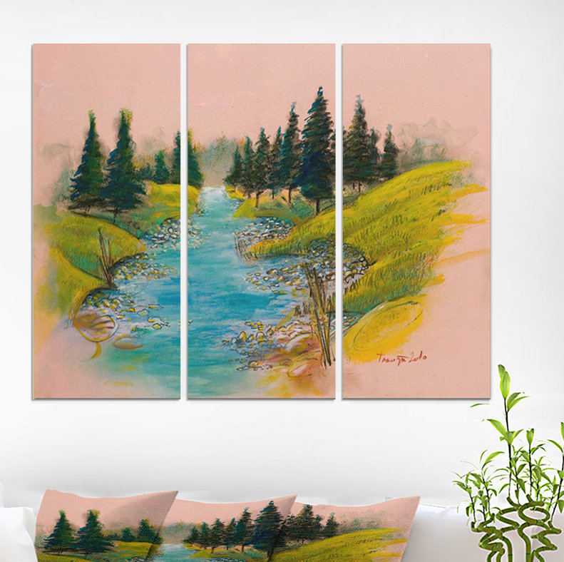 East Urban Home Pine Trees In Blue River Oil Painting Print