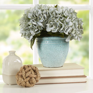 Blue Sea Foam Hydrangea Bouquet in Rustic Pot