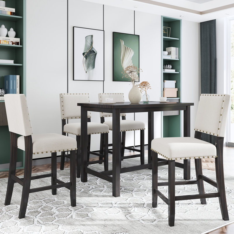 R M Furniture 5 Piece Rustic Wooden Counter Height Dining Table Set With 4 Upholstered Chairs For Small Places Wayfair