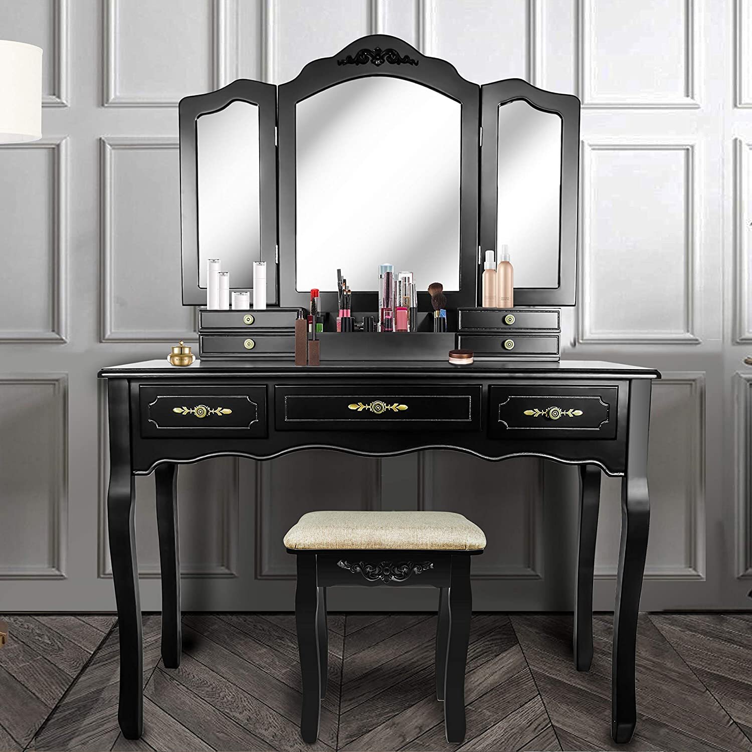 Wooden Dressing Table Vanity Makeup Desk Set Mirror Dresser Black White w/Stool 