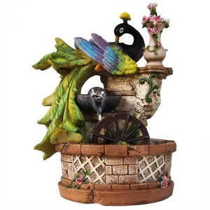 Resin Elegant Peacock Resting on Ivy Column with Water Wheel Tabletop Fountain