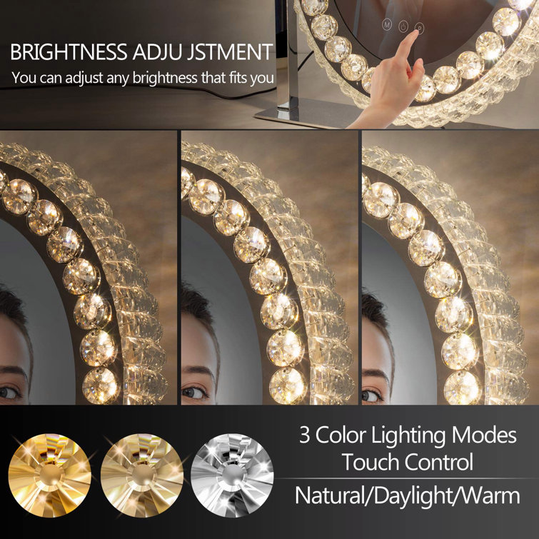 Mercer41 Large Crystal Makeup Mirror With Light Hollywood 3 Color Dimmable Led Lighted Vanity Mirror With Touch Screen Swivel Round Tabletop Mirror For Bedroom Dresser Wayfair
