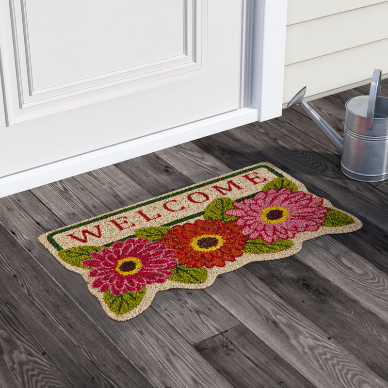 Winston Porter Delussey Floral Welcome Shaped Coir 28 In X 16 In Non Slip Outdoor Door Mat Reviews Wayfair