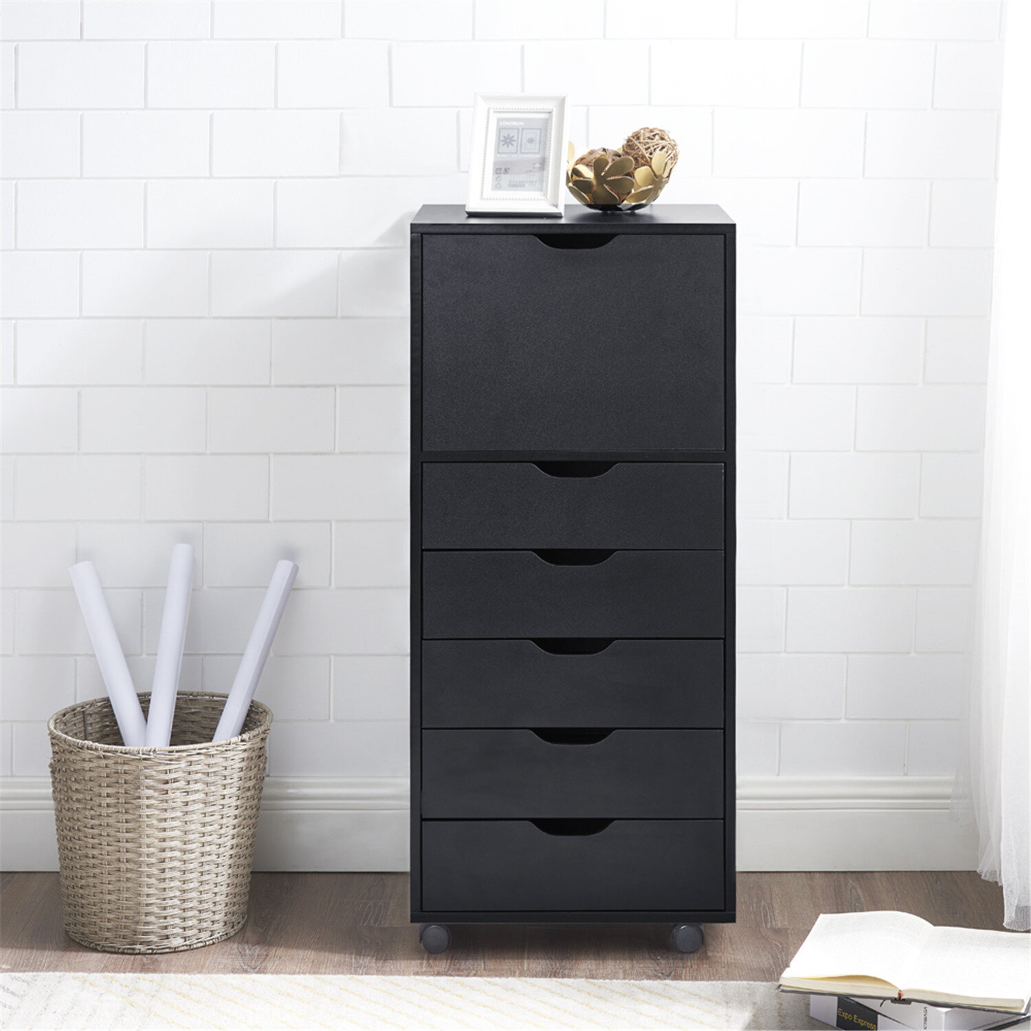 7-Drawer Wood Filing Cabinet with Wheels Black Drawers Cabinet Mobile Lateral Filing Organizer 