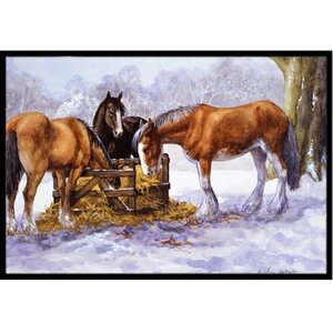 Horses Eating Hay in the Snow Doormat