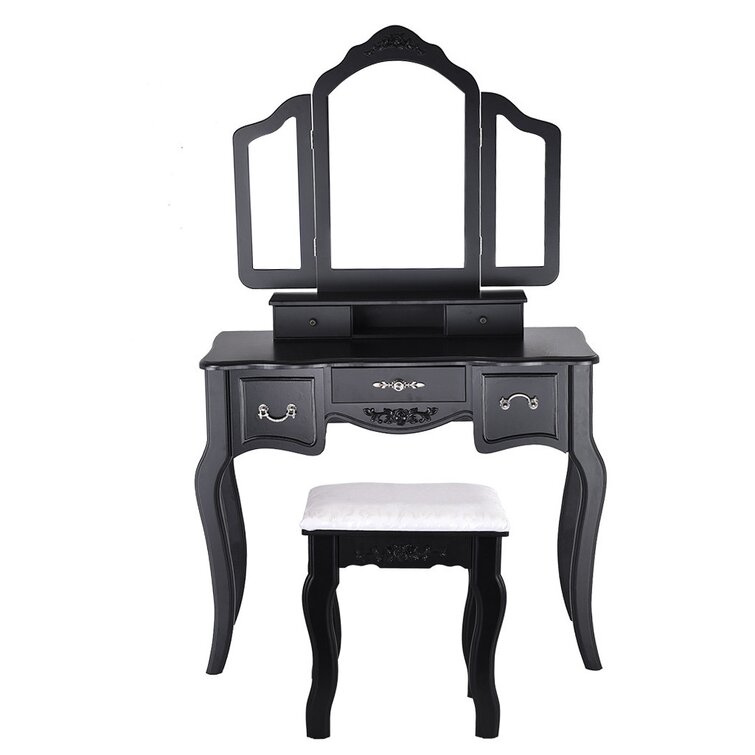 Details about   ❥Vanity Beauty Makeup Table And Wooden Stool 3 Mirrors And 5 Organization