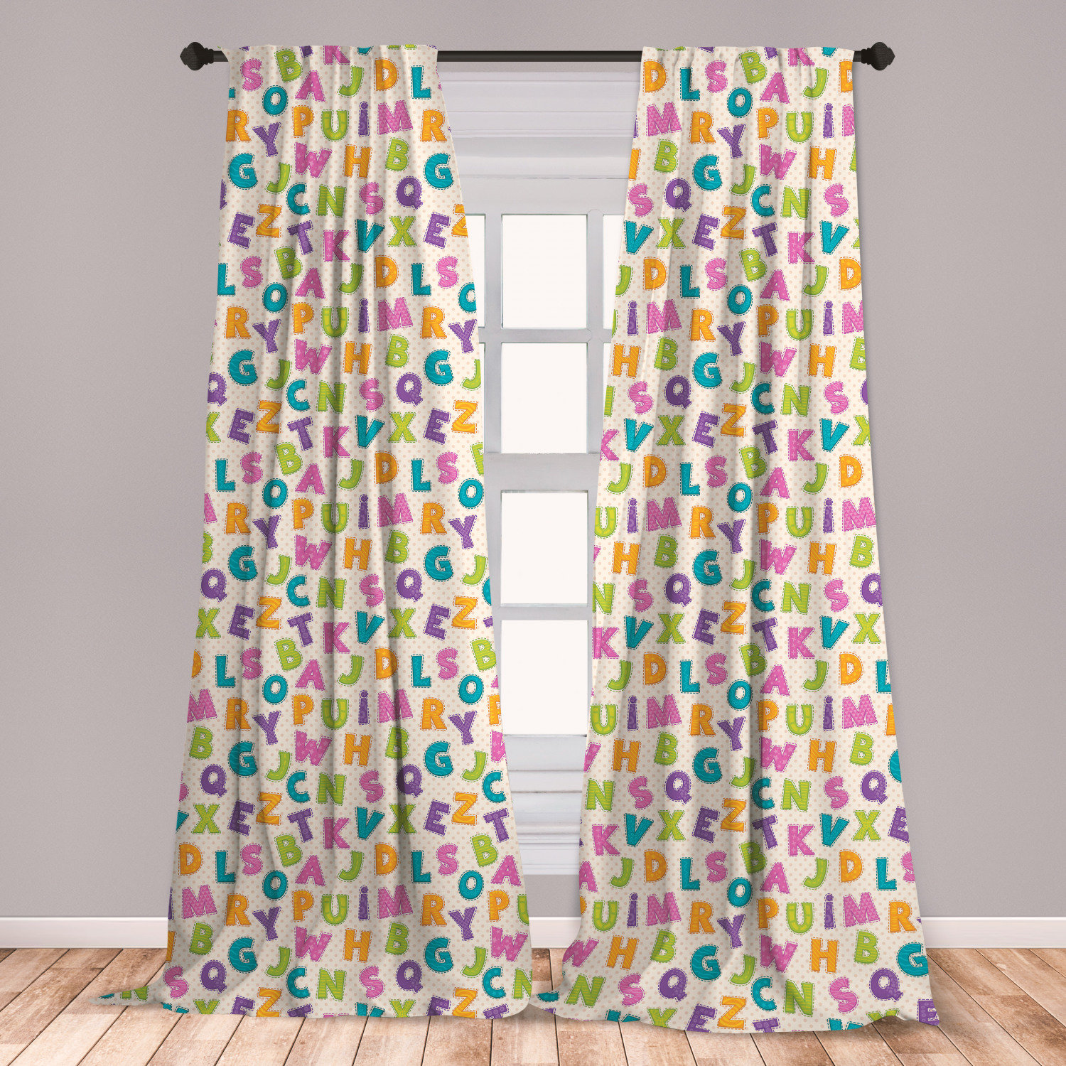 East Urban Home Ambesonne Abc Window Curtains Funny Letters In Lively Colors Cartoon Style Abc Alphabet On Polka Dots Backdrop Lightweight Decorative Panels Set Of 2 With Rod Pocket 56 X 63