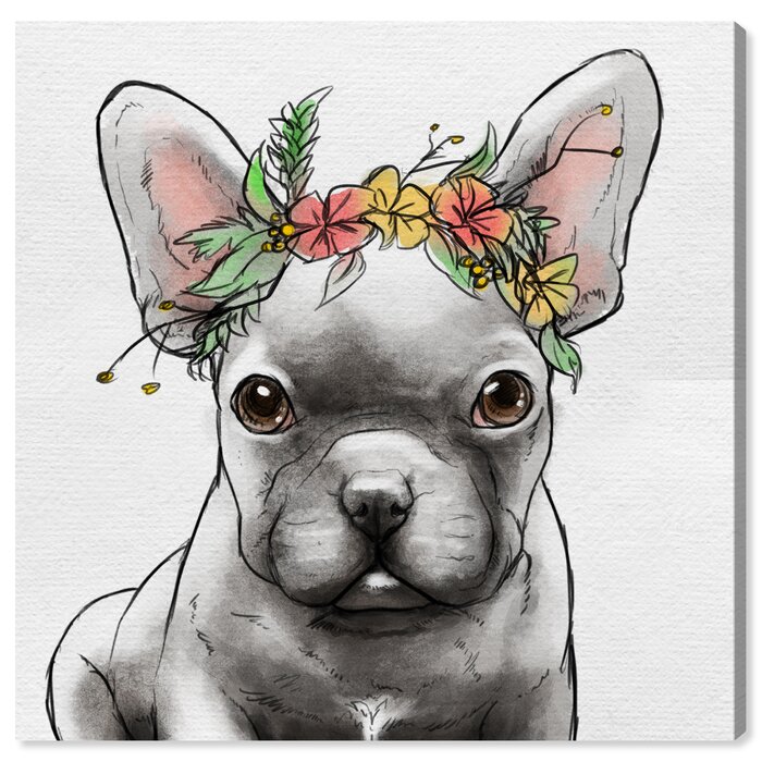 Oliver Gal 'Floral Crown Frenchie II' Watercolour Painting Print on ...