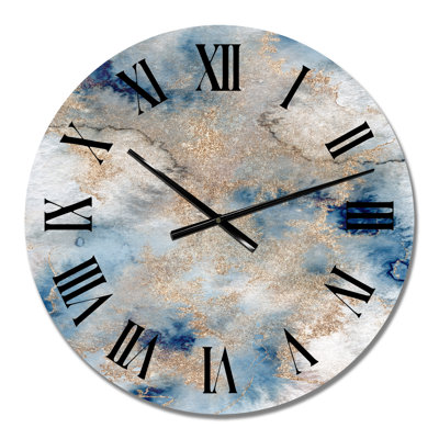 blue and gold marble clouds i - modern wall clock