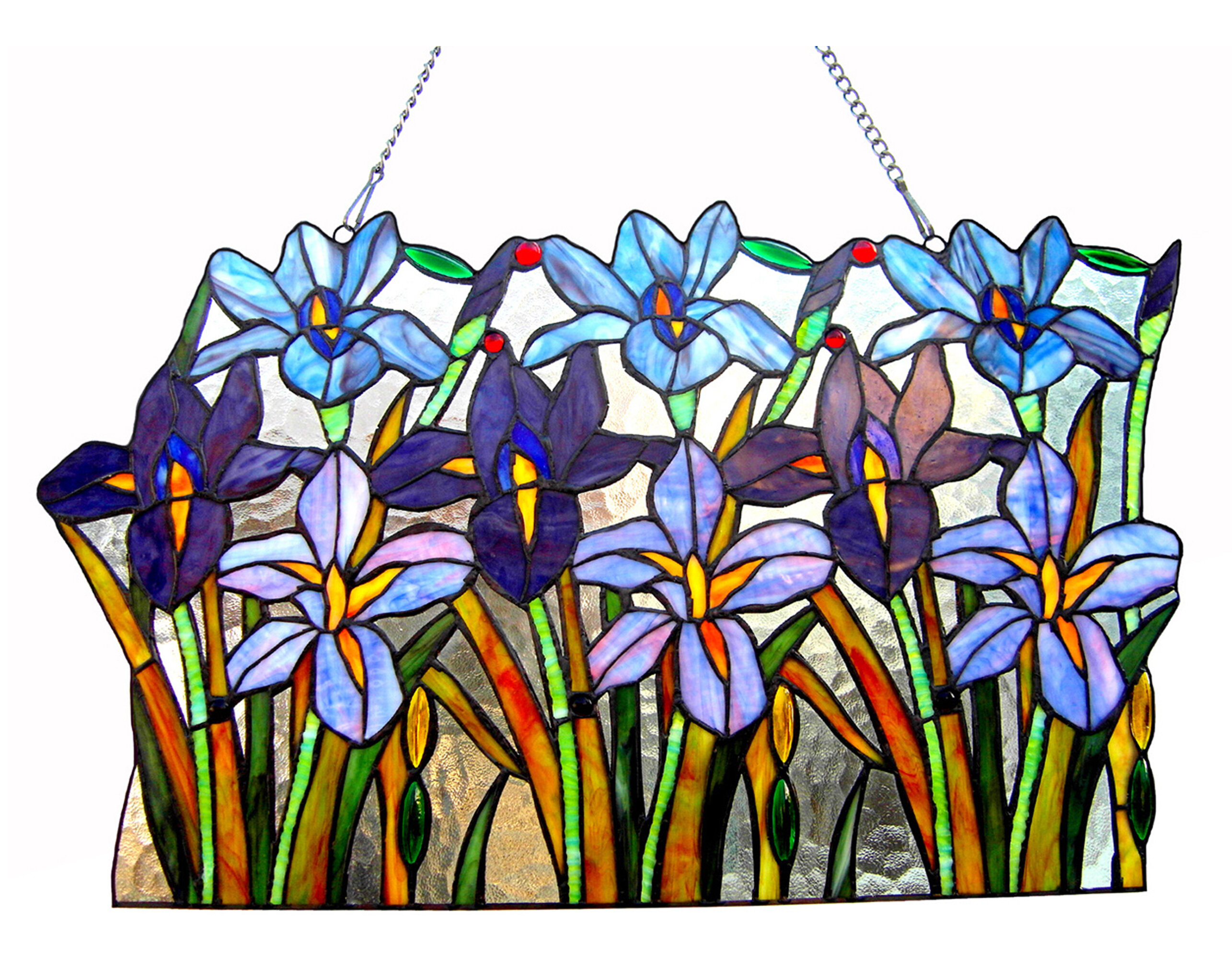 Iris Floral Flowers Stained Glass Hanging Window Panel Suncatcher 24"W 