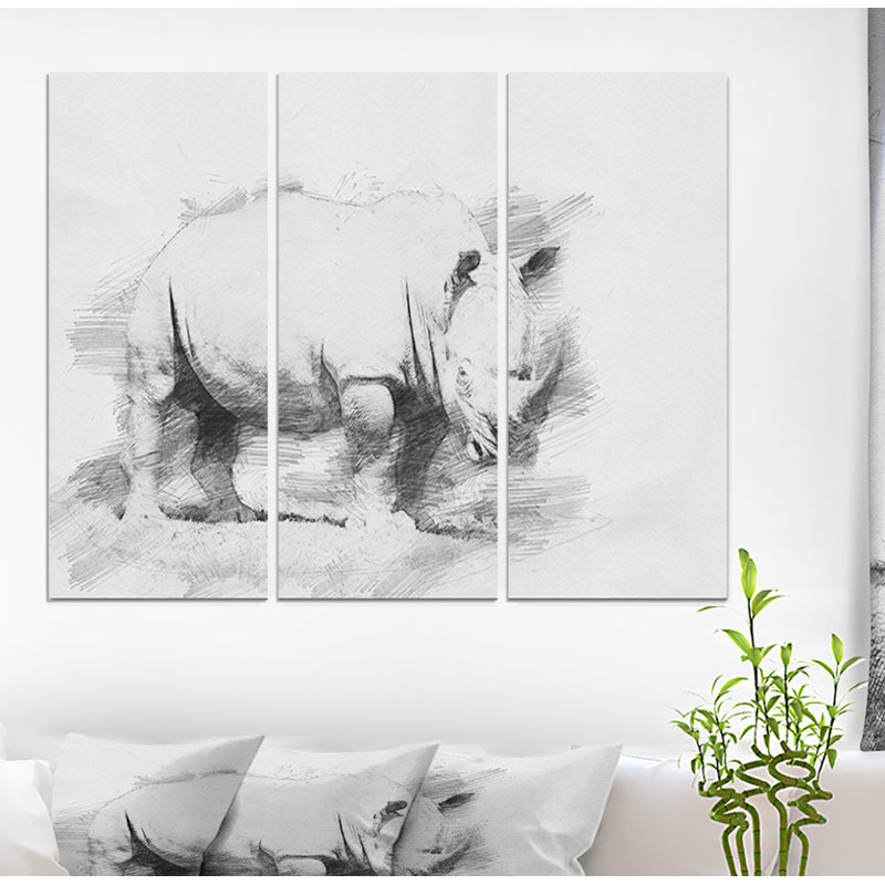 East Urban Home Black And White Rhino Sketch Oil Painting Print