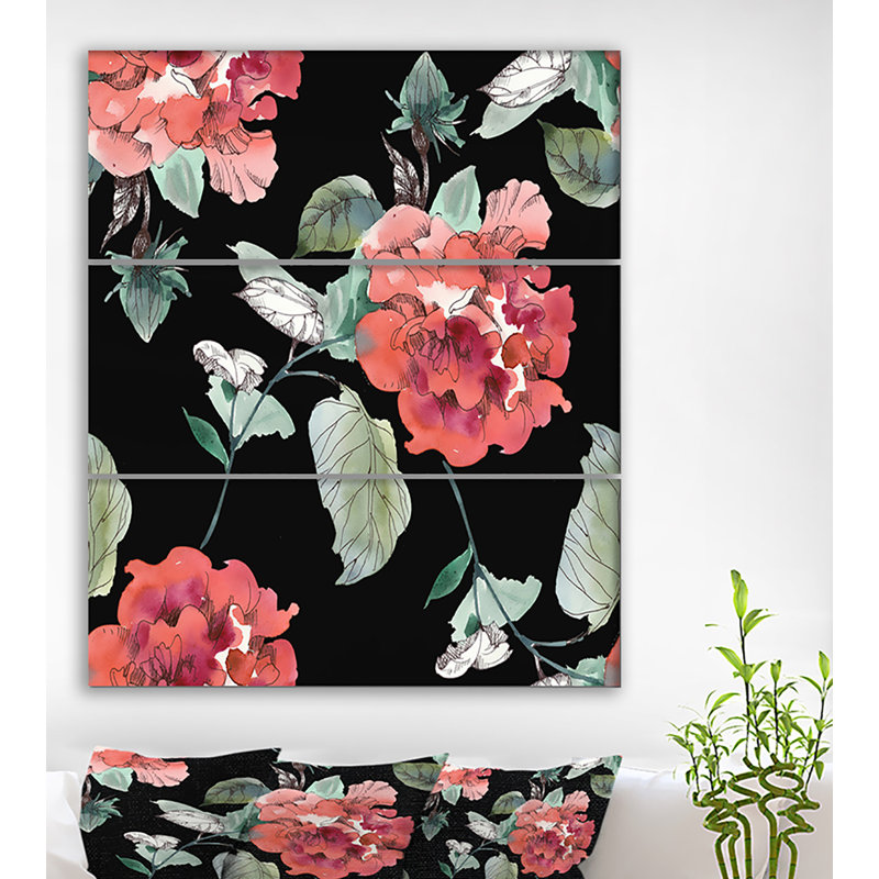 East Urban Home Red Rose In Black Background Oil Painting Print
