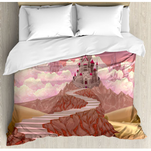 Go to store & view more images East Urban Home Fairytale Princess Castle Cartoon Like Image on the Hill with Sunset Image Art Print Duvet Set