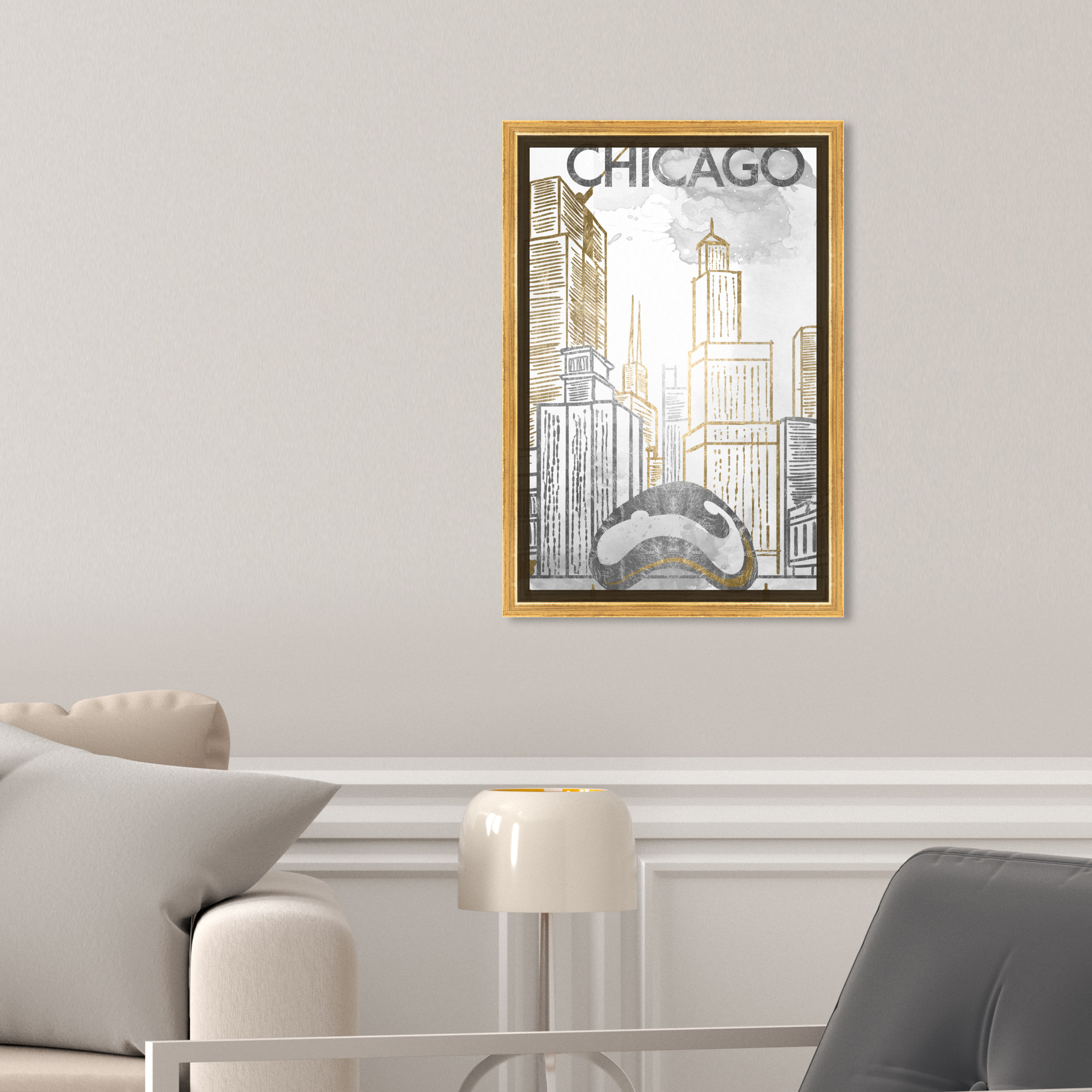 Oliver Gal Chicago Sketch Gold And Silver City Buildings Modern White 