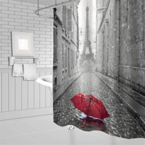 Romantic Paris Grey Street Red Umbrella Waterproof Fabric Shower Curtain 71 inch 