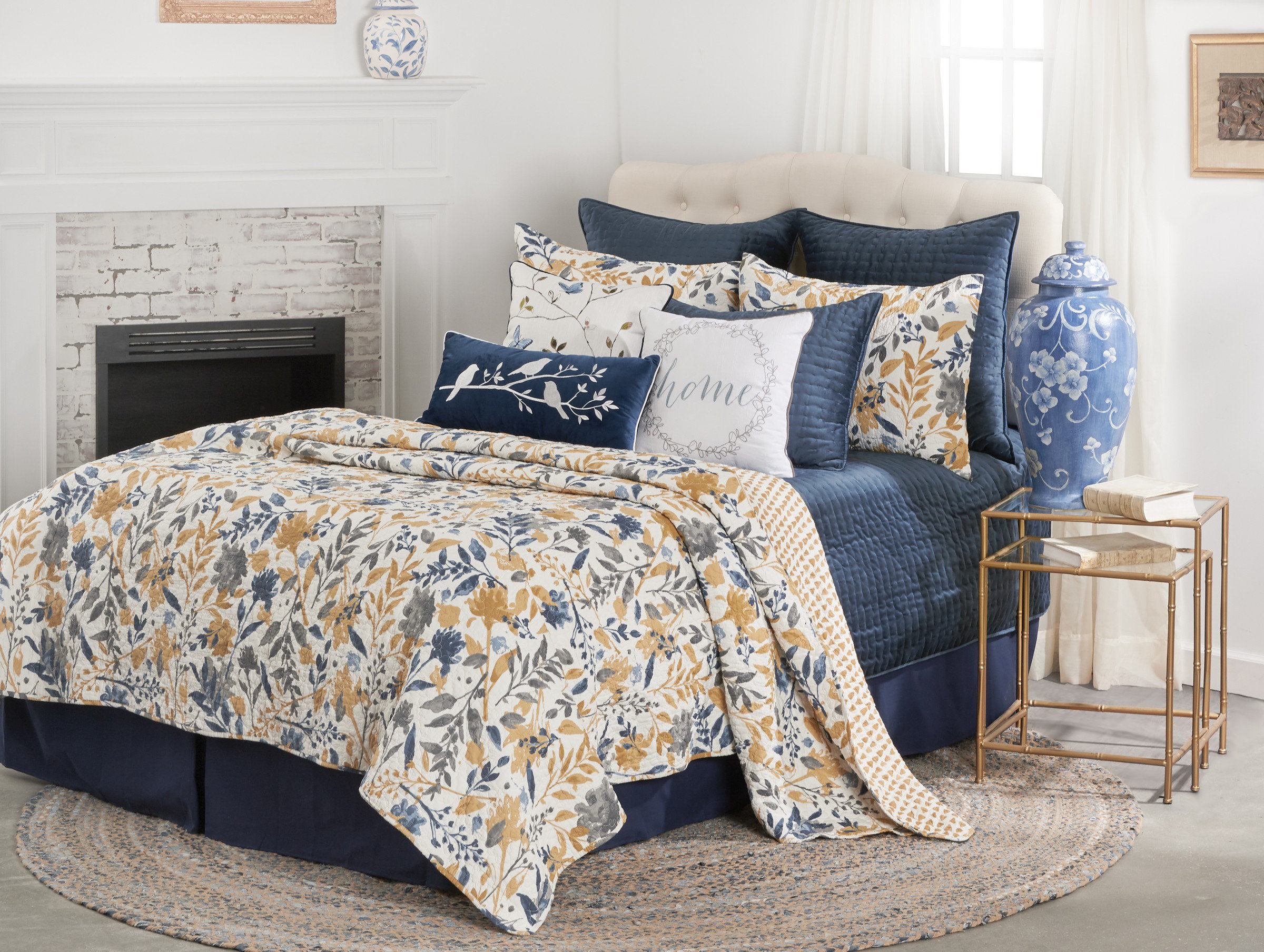 grey and blue quilt set