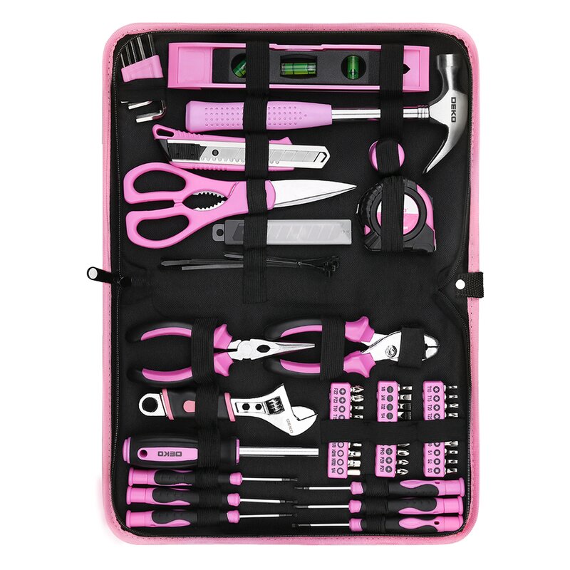 DEKOPRO Pink 71 Piece Household Tool Kit,Ladies Portable Tool Set With Easy Carrying Pouch, Perfect For DIY Projects, Home Maintenance