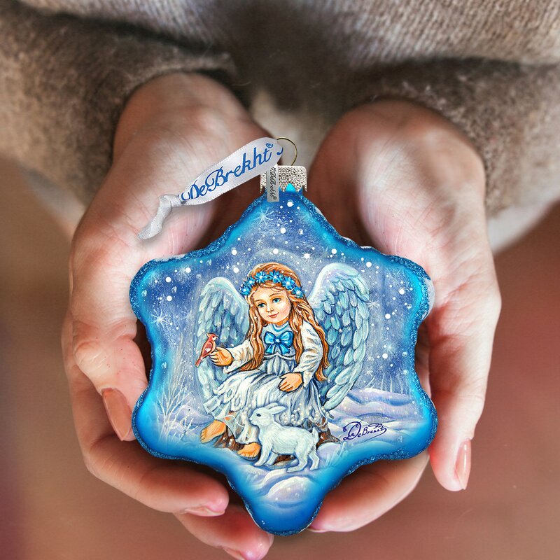 Angel with Bunny, Snowflake and Old World Holidays Scene Christmas Glass Holiday Shaped Ornament Holiday Splendor Collection