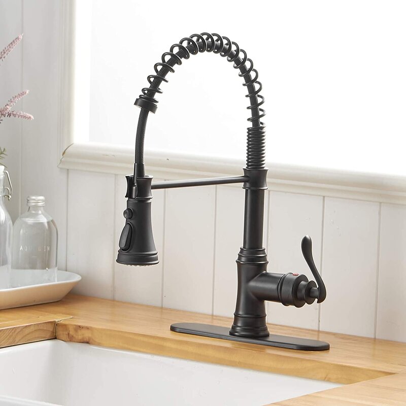 Bathfinesse Kitchen Sink Faucet With Deck Plate Single Handle Singe Lever With Pull Down Sprayer Spring 3 Function Kitchen Faucet High Arc Lead-free Farmhouse Commercial Bar Kitchen Faucets Oil Rubbed Bronze