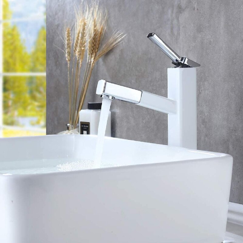 Bathroom Pull Down Vessel Sink Faucet, Lavatory Single Hole Basin Sink Faucet With Pull Out Sprayer, Single Handle Utility Kitchen Mixer Tap With Rotating Spout