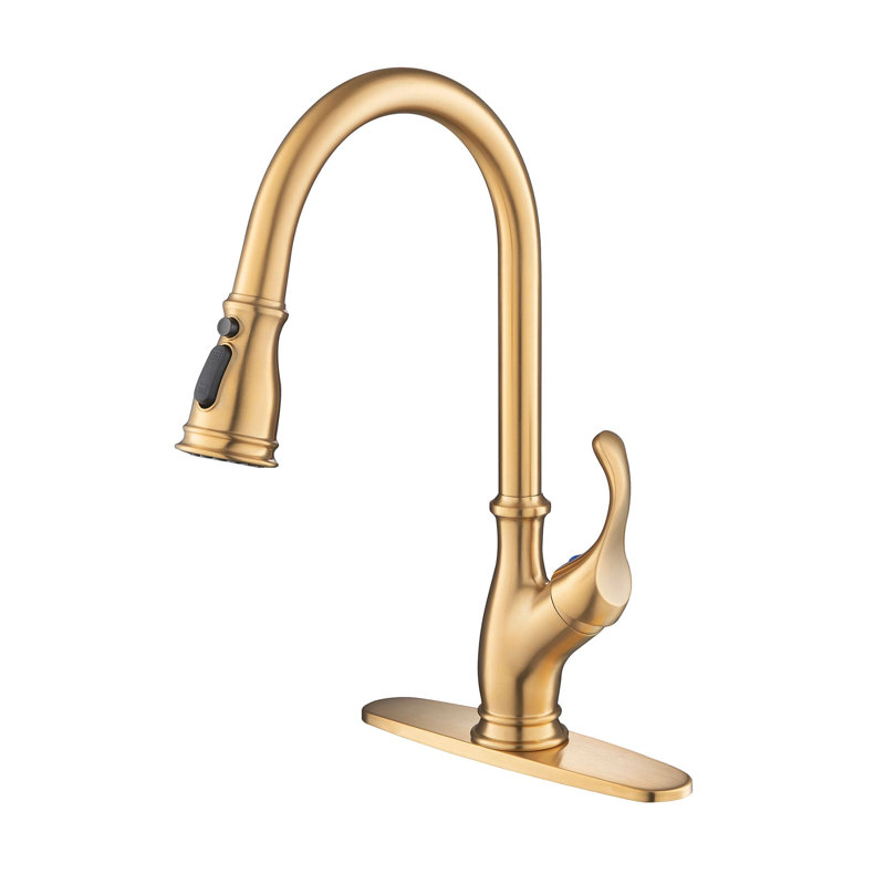 Single Hole Kitchen Faucet With Pull Down Sprayer 1 Handle Kitchen Sink Faucet Brushed Gold Solid Brass Kitchen Basin Tap With Deck Plate