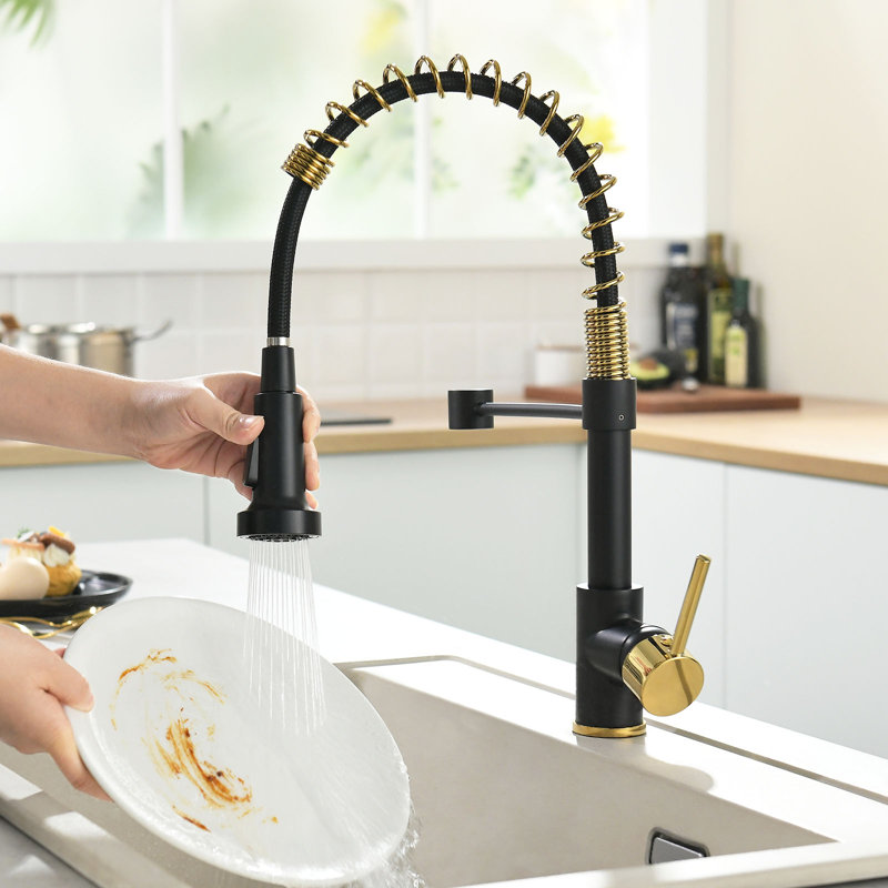Matte Black Kitchen Faucet,Black And Gold Kitchen Faucet With Pull Down Sprayer Commercial Single Handle Spring Kitchen Faucet For Kitchen Sink ,Matte Black & Gold