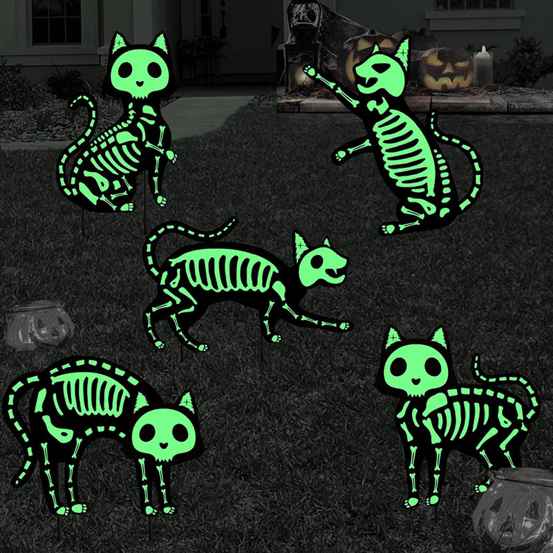 Halloween Cat Yard Signs For Outdoor Decorations - 5Pcs Black Cat Skeleton Glow In The Dark Yard Signs With Stakes For Creepy Halloween Outdoor Yard Lawn Decor Party Supplies