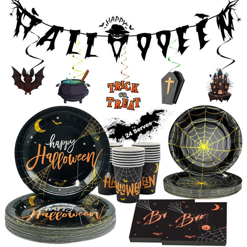 Halloween Party Supplies, Halloween Decor Including Disposable Halloween Plates Napkins Cups Halloween Tableware With Banner, Hanging Swirls Decor For Indoor And Outdoor