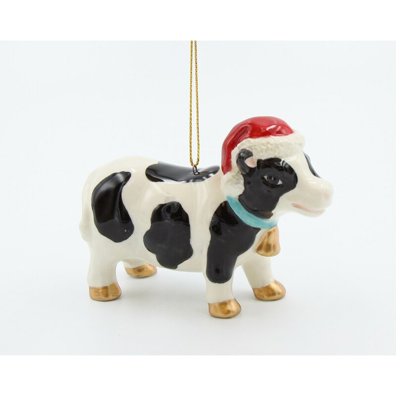 Cow Wearing Christmas Hat Hanging Figurine Ornament