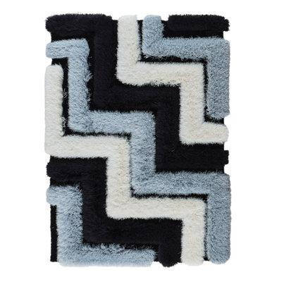 Hajriz Geometric Handmade Shag Blue/Off White/Black Area Rug