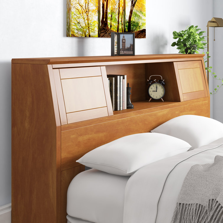 Wood Bookcase Headboard Full Queen Size Bed Bedroom Shelves Furniture Bookshelf 
