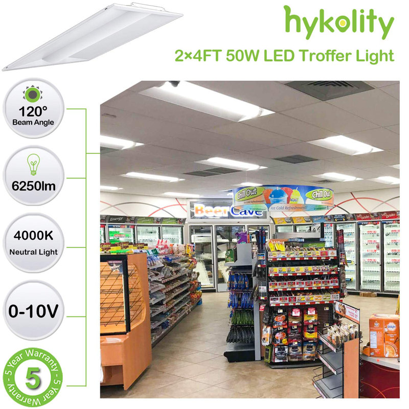 Hykolity 2x4 FT 50W 5000K Flat LED Troffer Panel Light 0-10V Dimmable Drop
