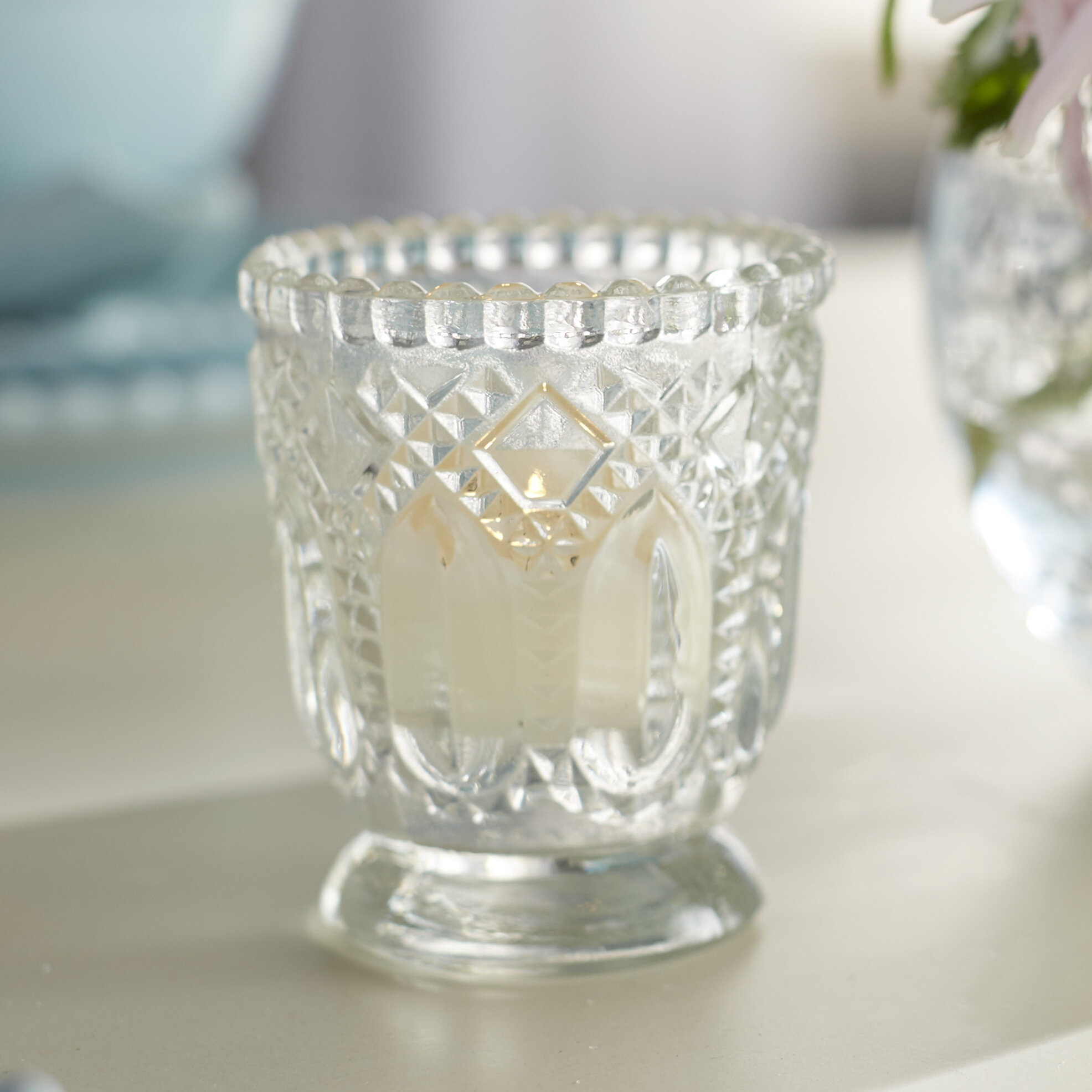 White Ornate Candle Holder Glass Ceramic Tea Light Country Vintage Wedding Home