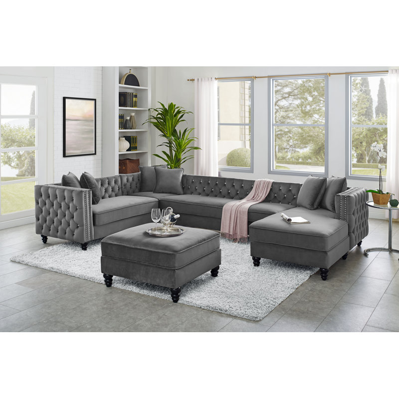 Charlton Home Igikpak 140 Wide Velvet Left Hand Facing Sectional With Ottoman Reviews Wayfair