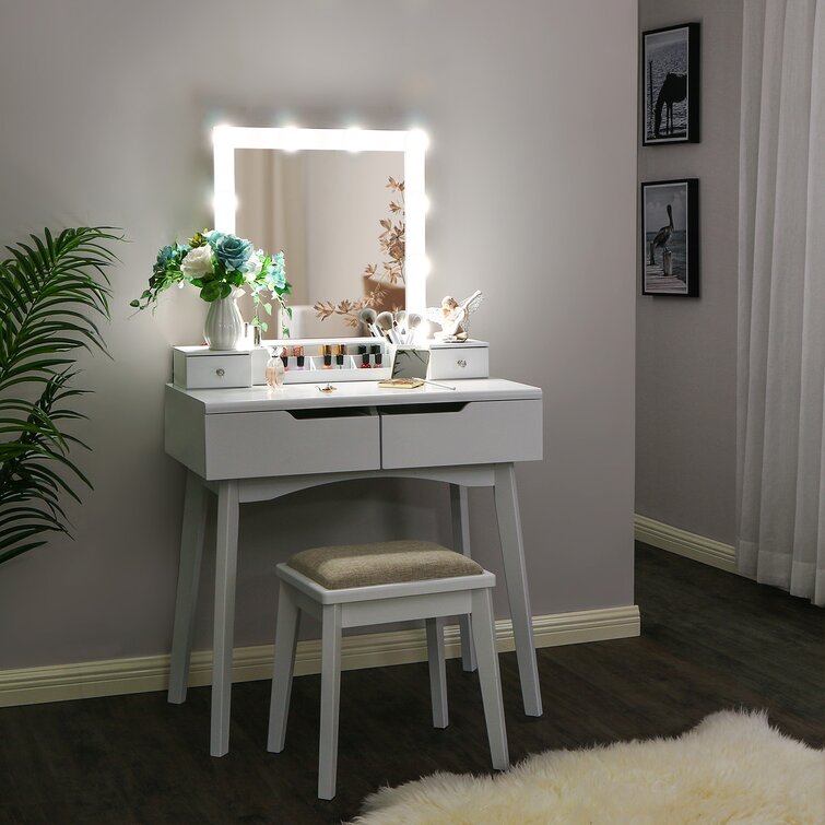 Vanity Makeup Dressing Table Set w/Stool 2 Drawers LED Mirror Make-up Organizer 