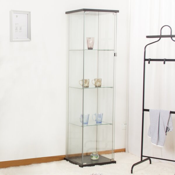 HOME Single Glass Display Cabinet Black with Mirror Back 4 Moveable Glass Shelves & Spotlight 