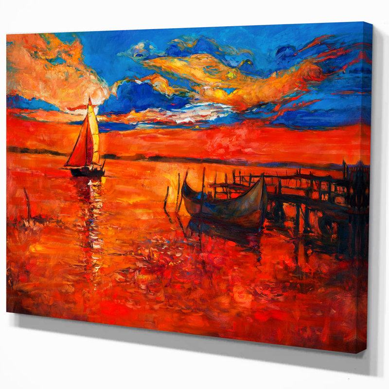 East Urban Home Nautical Fishing Boats Over Sunset Oil Painting