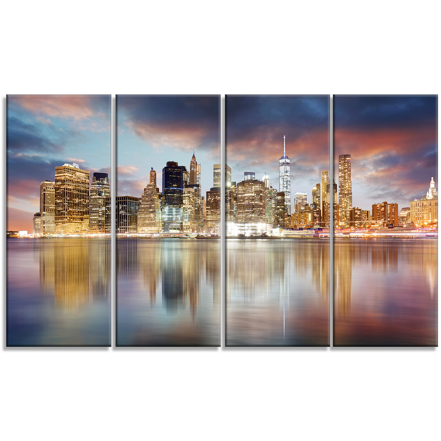 Designart New York Skyline At Sunrise With Reflection 4 Piece Wall Art On Wrapped Canvas Set Wayfair