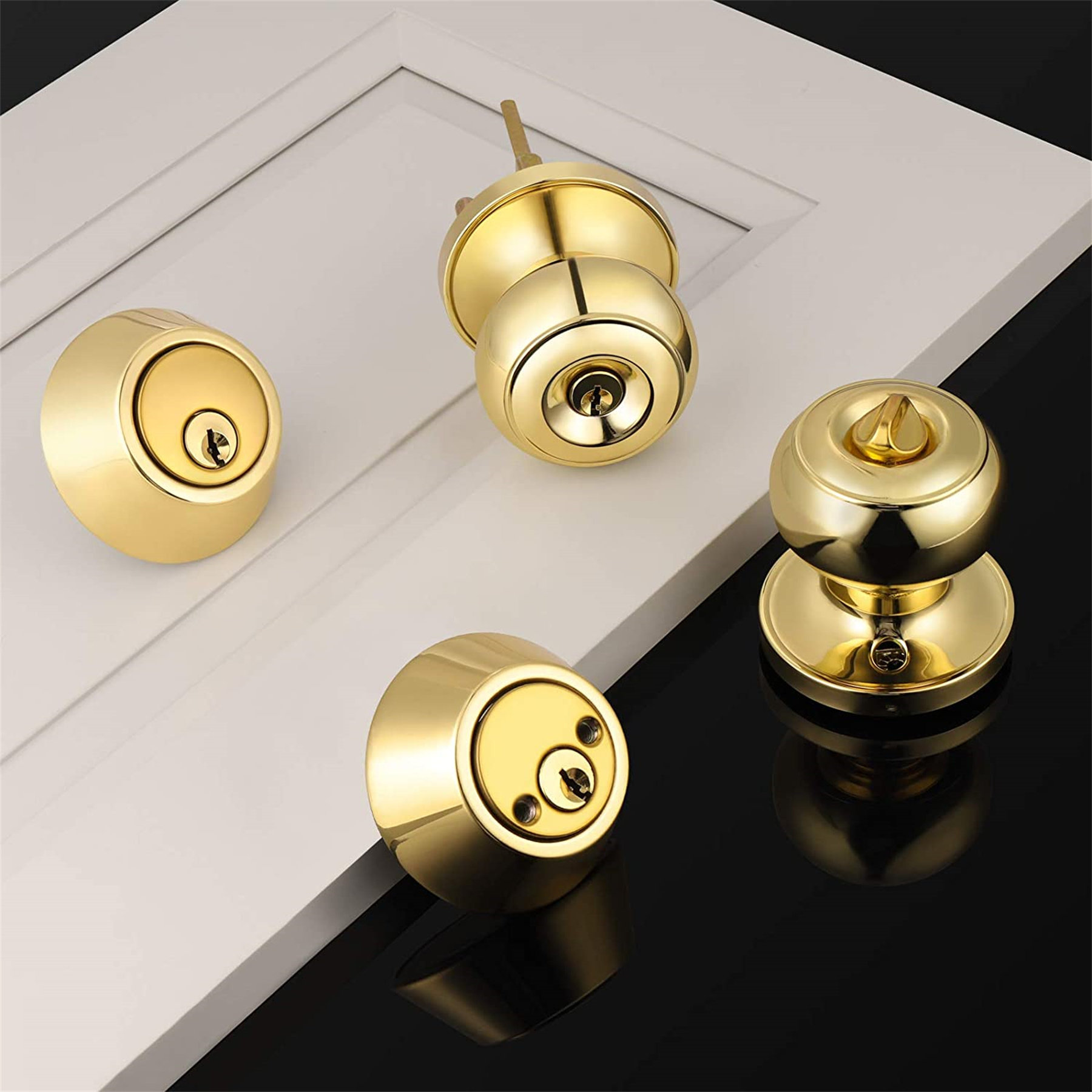 WPENGW 2 Pack Classic Entrance Round Knob Handle, Entry Door Knob With Matching Double Cylinder