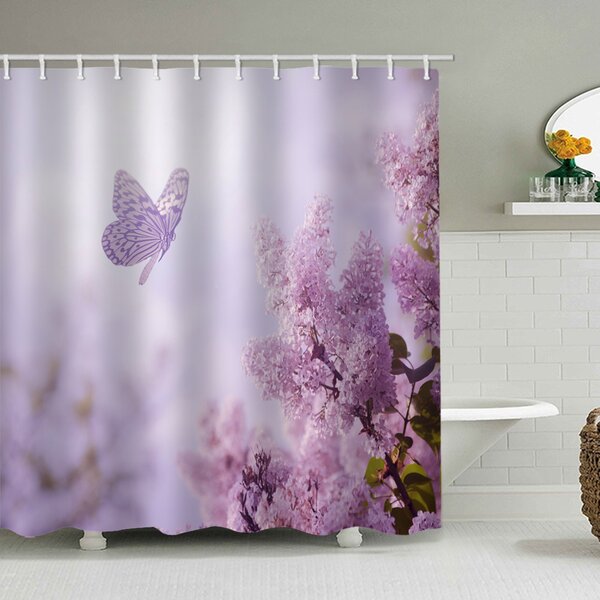 Purple Rose Plant Decor Waterproof Bathroom Shower Curtain Rugs Set & 12 Hooks 