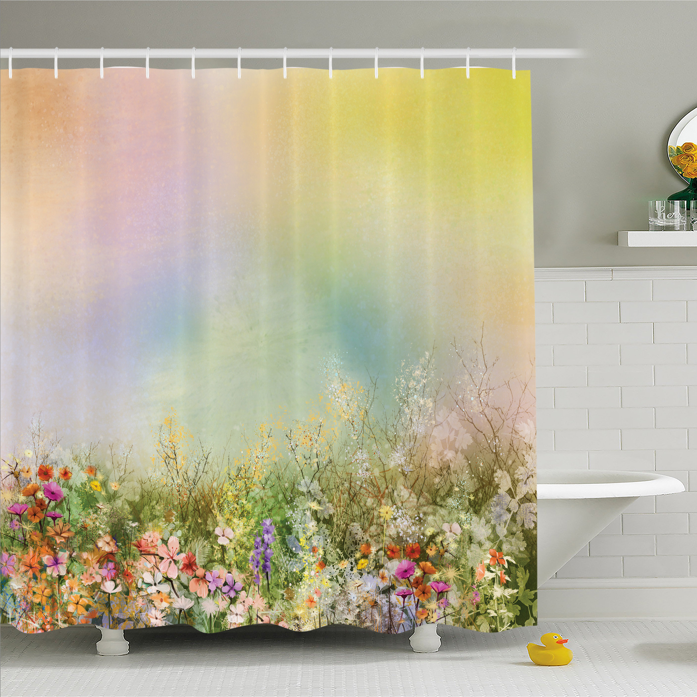 Colorful Daisy Flower Ink Painting Fabric Shower Curtain Hook Bath Accessory Set 